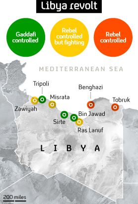 Libya map: the flashpoints as Gaddafi hits back at rebels. 