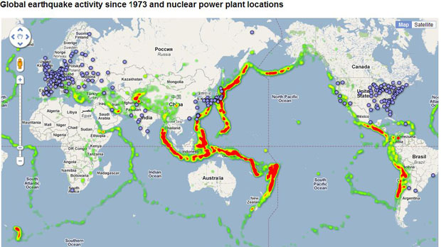 Map indicating the location of the major earthquake zones in relation to nuclear power plants.