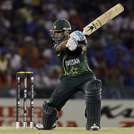 Pakistan's Hafeez plays shot during their ICC Cricket World Cup 2011 semi-final match against India in Mohali 