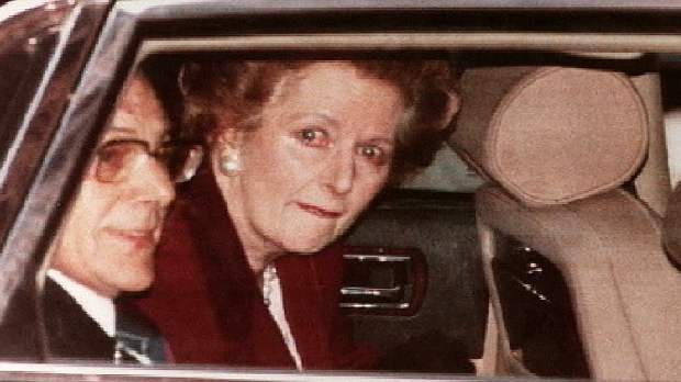 Margaret Thatcher, who has died, leaving 10 Downing Street after her resignation