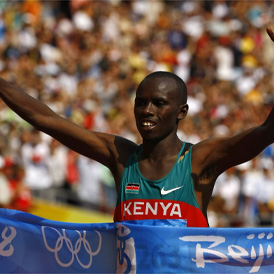 Wanjiru of Kenya celebrates winning the men's marathon during the Beijing 2008 Olympic Games (reuters)