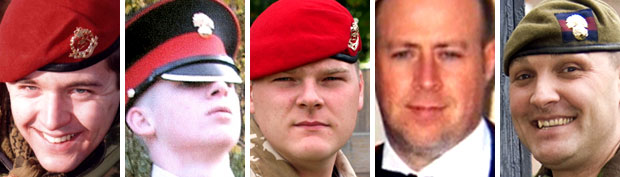 Warrant Officer Class 1 Darren Chant, 40, Sergeant Matthew Telford, 37, and Guardsman Jimmy Major, 18, from the Grenadier Guards, Corporal Steven Boote, 22, and Corporal Nicholas Webster-Smith 24