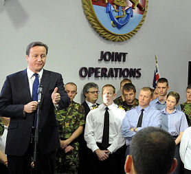 Prime Minister David Cameron addresses military staff at Permanent Joint Headquarters, Northwood