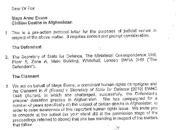 Legal letter to Defence Secretary Liam Fox 