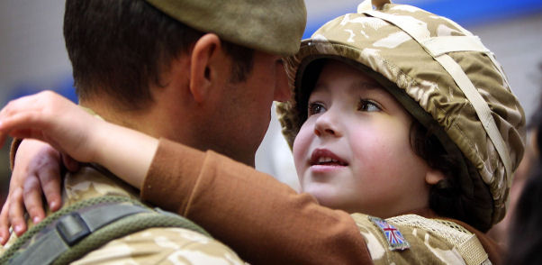 Five-year-old Ashton Peterson welcomes home his father Sergeant Carl Peterson, of 2nd Battalion The Yorkshire Regiment. (Getty)