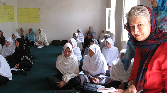 Lindsey Hilsum in a Bamiyan school - credit: Sarah Corp
