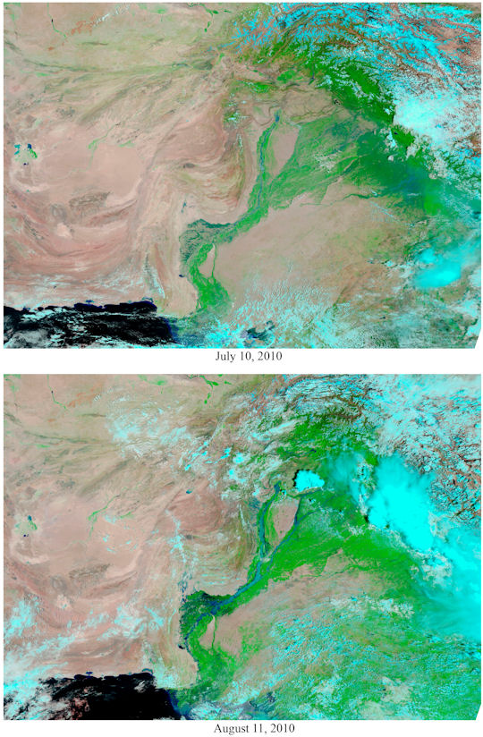 Nasa satellite image of Indus River before and after the floods (Credit: Reuters)