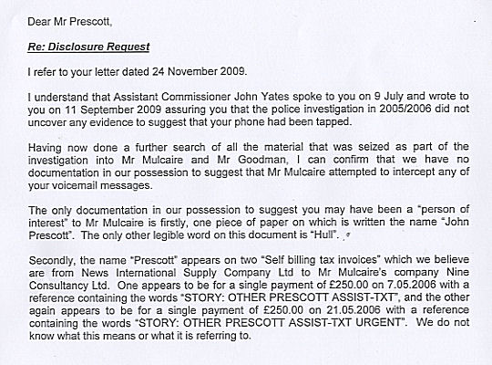 Letter from Metropolitan Police legal services directorate to Lord Prescott