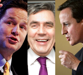 Nick Clegg, Gordon Brown and David Cameron (pictures: Reuters)