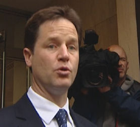 Nick Clegg addresses reporters before talks with Liberal Democrat MPs.