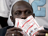<i>George Weah in the aftermath of the 2005 Liberian election (credit: Getty)</i>