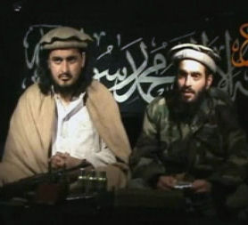 Taliban leader Mehsud sitting beside man who is believed to be suicide bomber who killed CIA agents in Afghanistan (credit:Reuters)