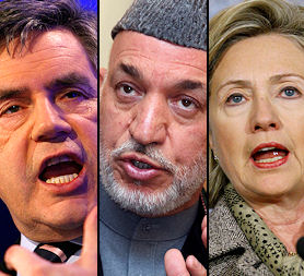 Gordon Brown, Hamid Karzai, Hillary Clinton (Reuters)