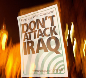 A placard held aloft by Iraq war protesters in London in March 2003. (Credit: Getty)