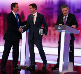 David Cameron, Nick Clegg and Gordon Brown in the final leaders&apos; debate before the general election (Reuters)